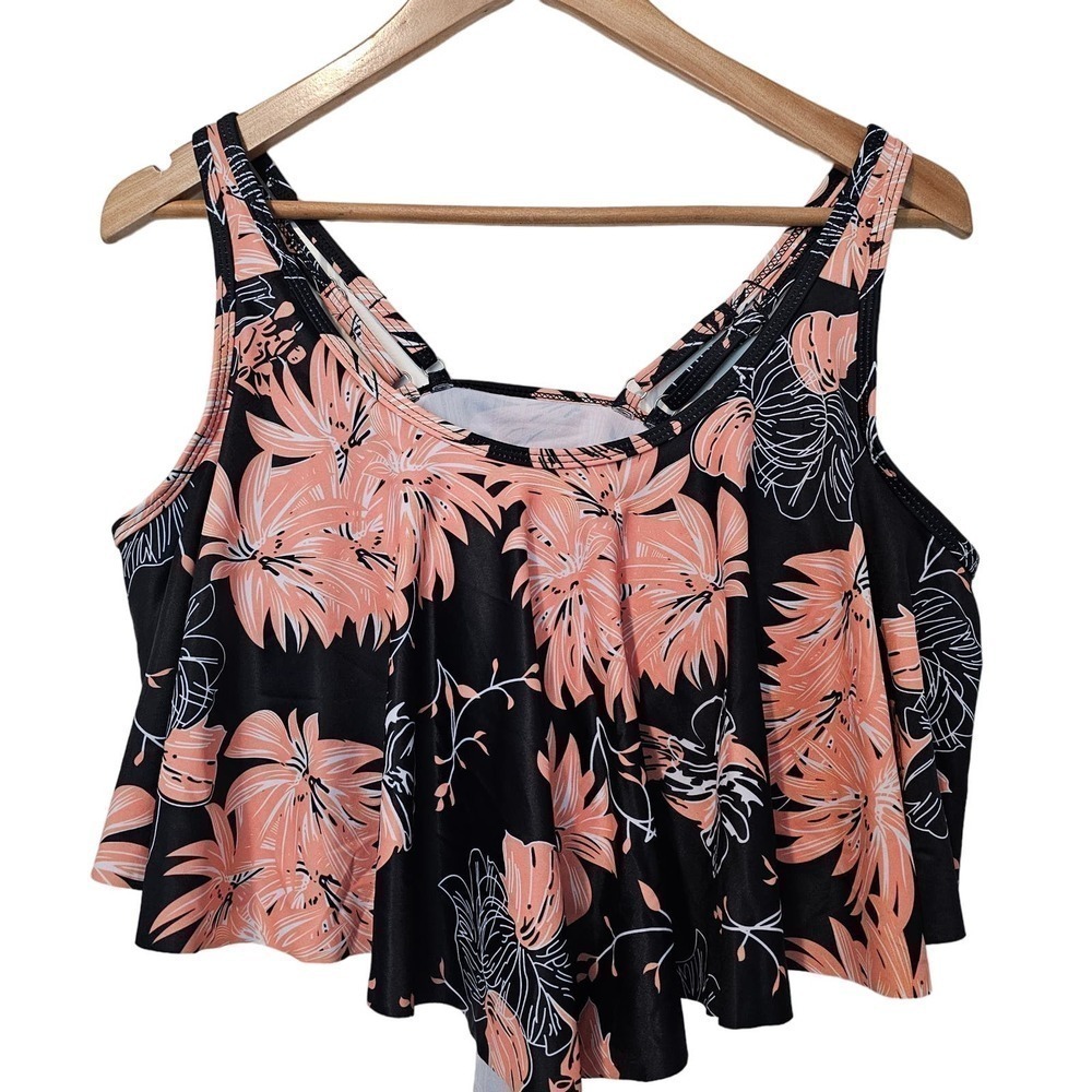 Floral Swimsuit Pink Black Swimsuit Top Size Large Bikini Adjustable Straps